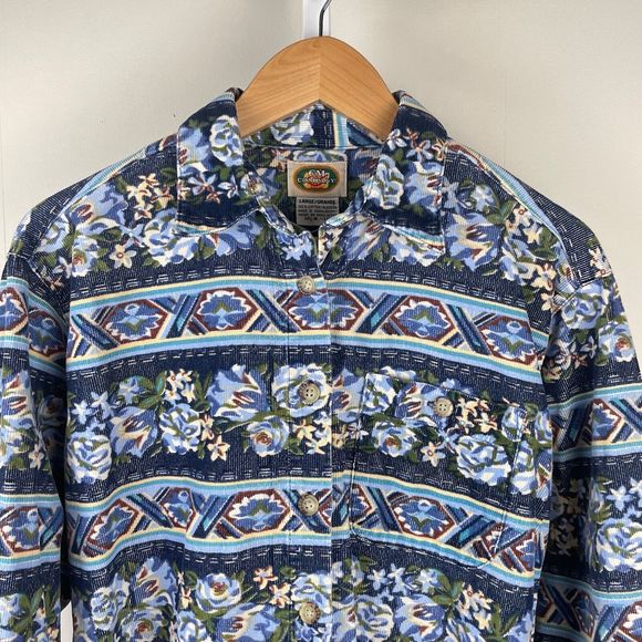 Vintage CM Company‎ Corduroy Shirt Button Up Blue Floral Stripe Womens Large - Picture 3 of 5